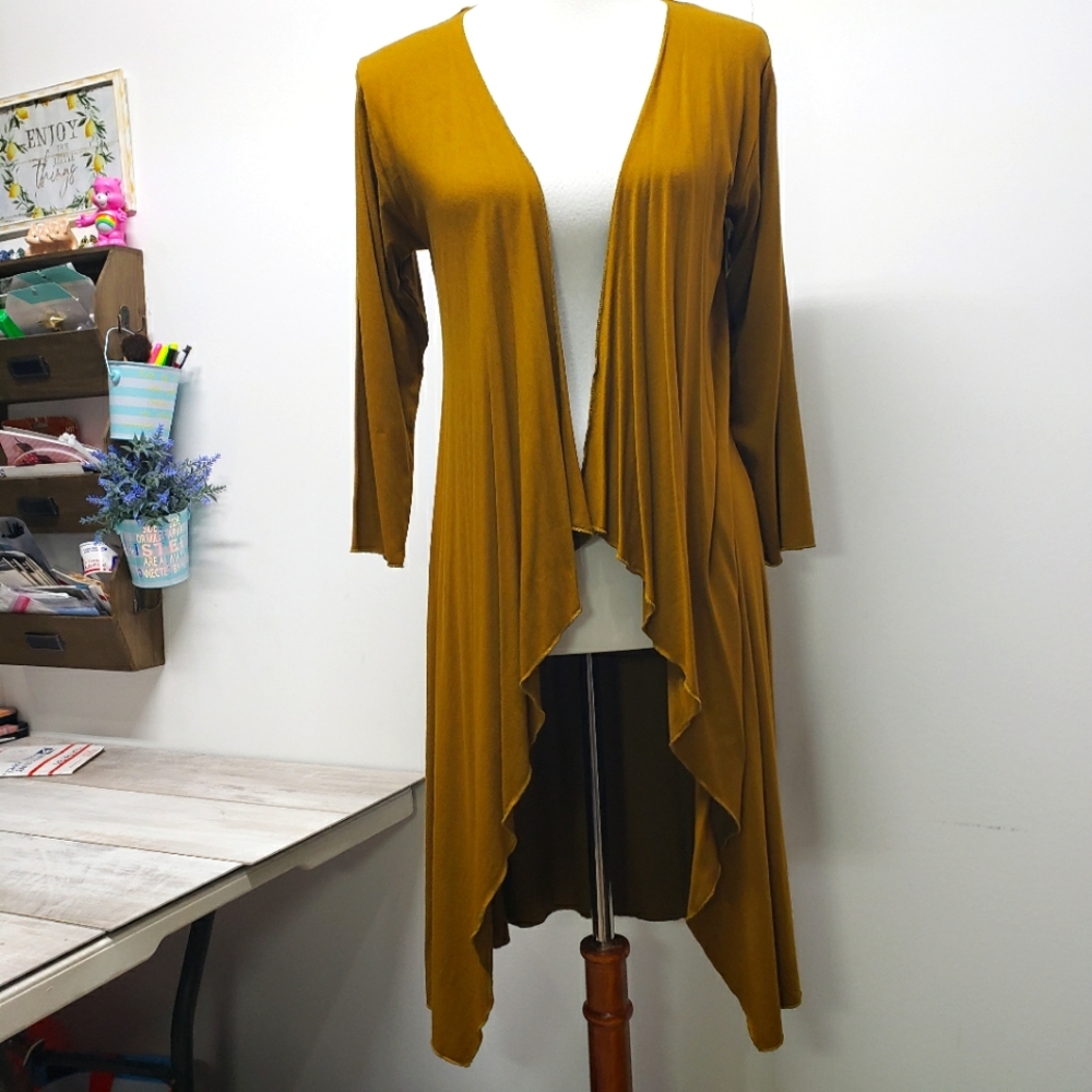 Masai Open Front Duster Jersey Cardigan M Yellow Mustard Draped Hem Cottage